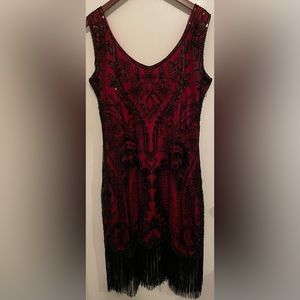 Fundaisy 20’s Flapper Dress. Red With black trim: fringe, beading, sequins.